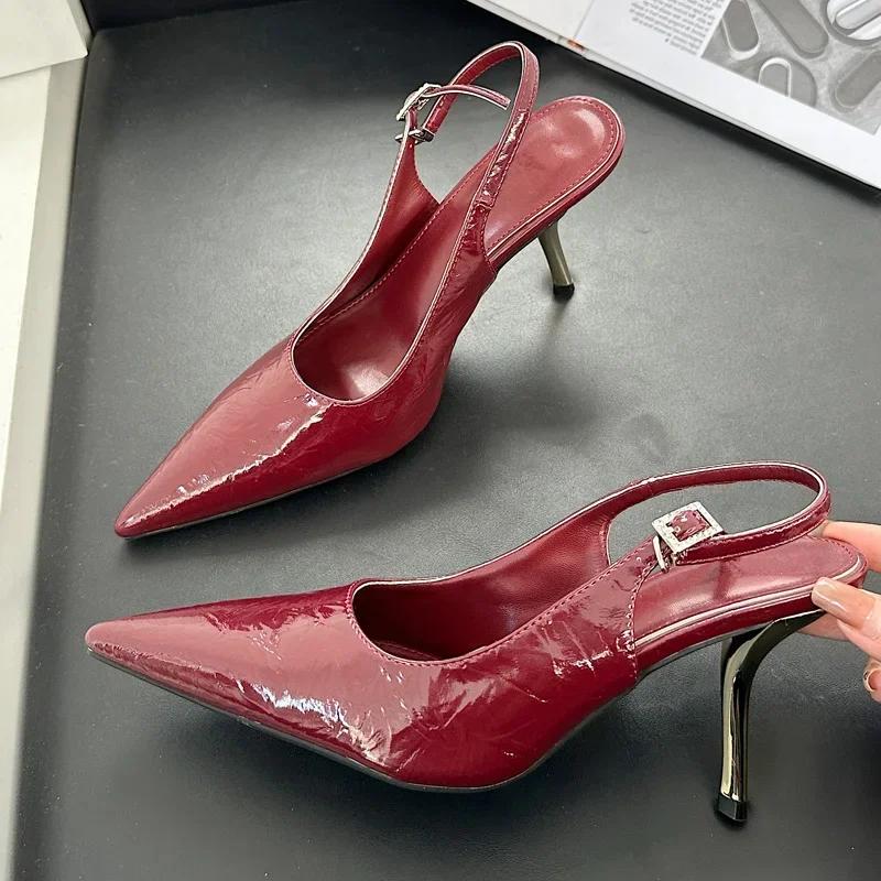 Fashion Designer High Quality Women Pumps 2025 Sexy Pointed Toe Belt Buckle Thin Low Heels Elegant Slingbacks Prom Shoe Zapatos De Mujer