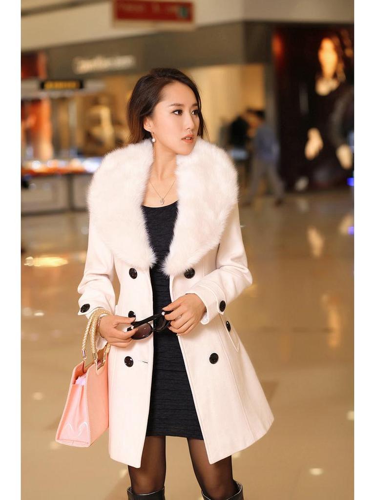 Korean Style Double-Breasted Mid-Length Wool Coat with Fur Collar for Women