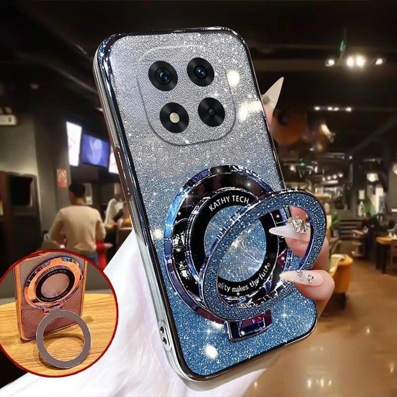 Luxury Plating For Redmi Note 14 Pro Plus 5G Magnetic Stand Holder Glitter Diamond Case For Redmi Note 14 4G/5G Silicone Cover