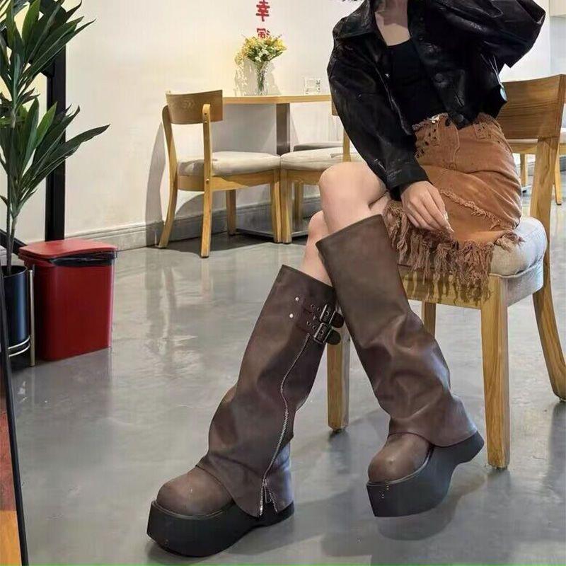 Soft Leather Ankle Mid Calf Boots Winter Autumn High Platform Wedge British Booties Woman New Ladies Chunky Motorcycle Boots