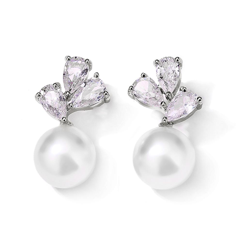 ZAKOL Cute Round Imitation Pearl Stud Earrings For Women Teardrop Zircon Bridal Earring Exquisite Wedding Party Jewelry