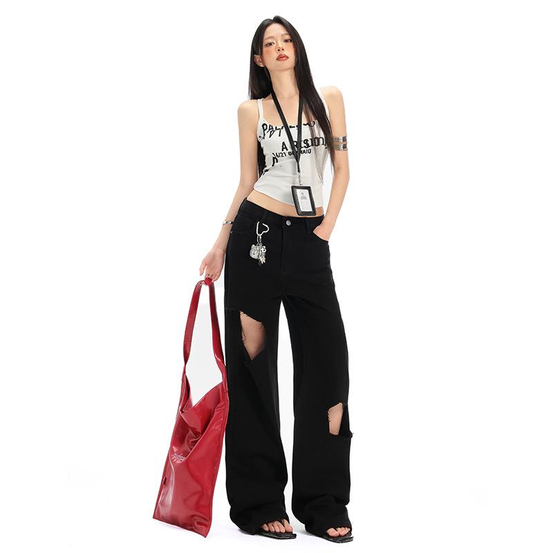 American ripped black jeans women's summer new thin high waist narrow version wide leg mopping pants niche