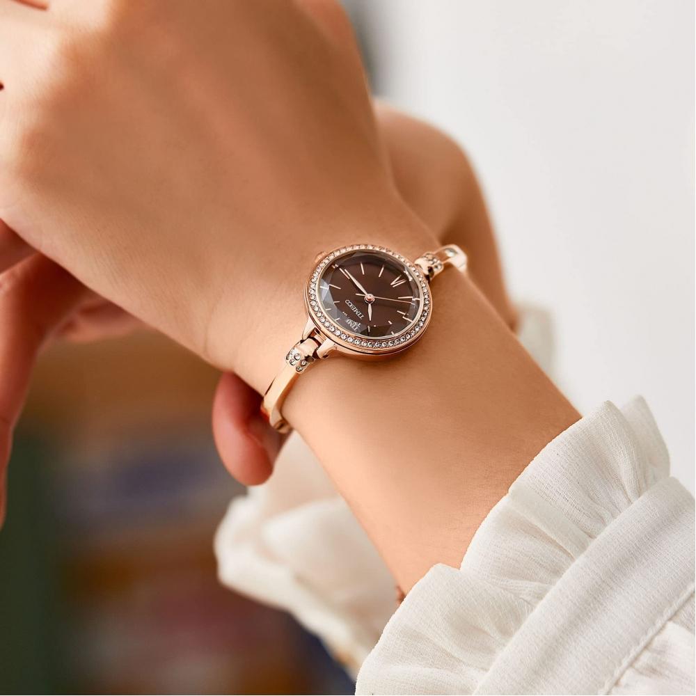 TIME100 Damenuhr, polyedrisches Glas, japanisches Quarz, Armbandtyp, verstellbares Band, 30 m wasserdicht, Damenuhr (Braun)