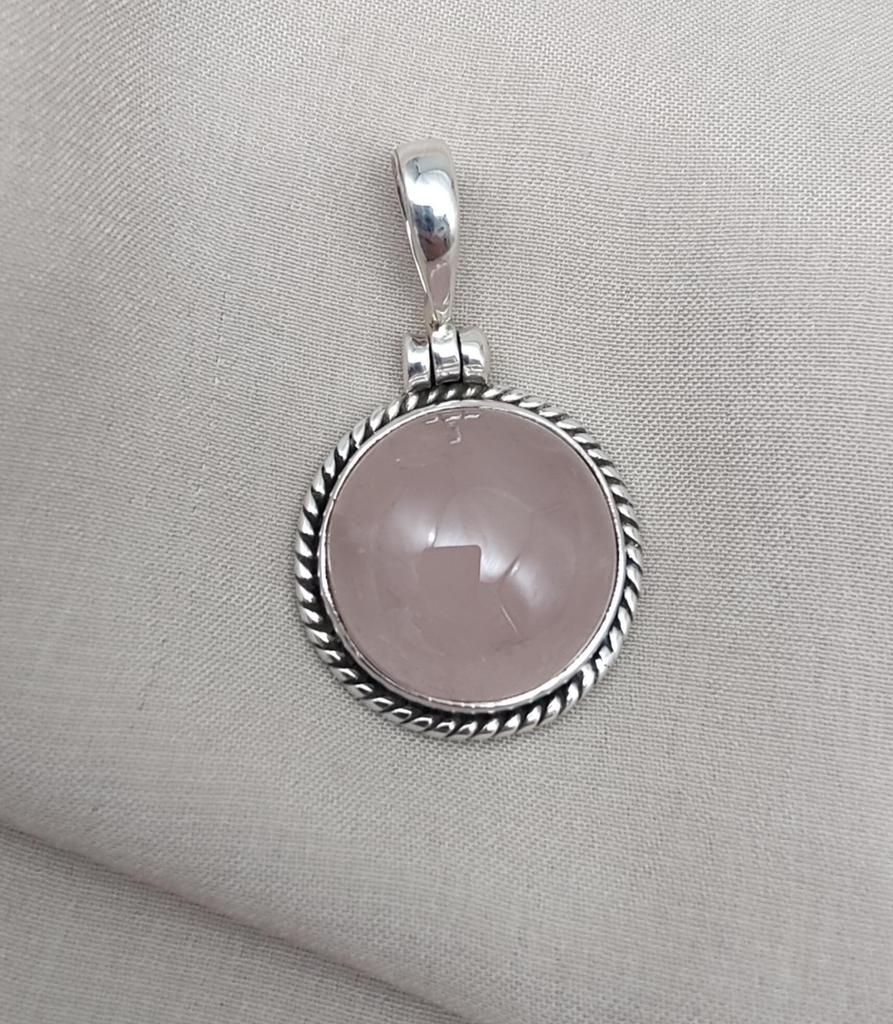 Handmade Rose Quartz Pendant: 925 Sterling Silver Round Necklace