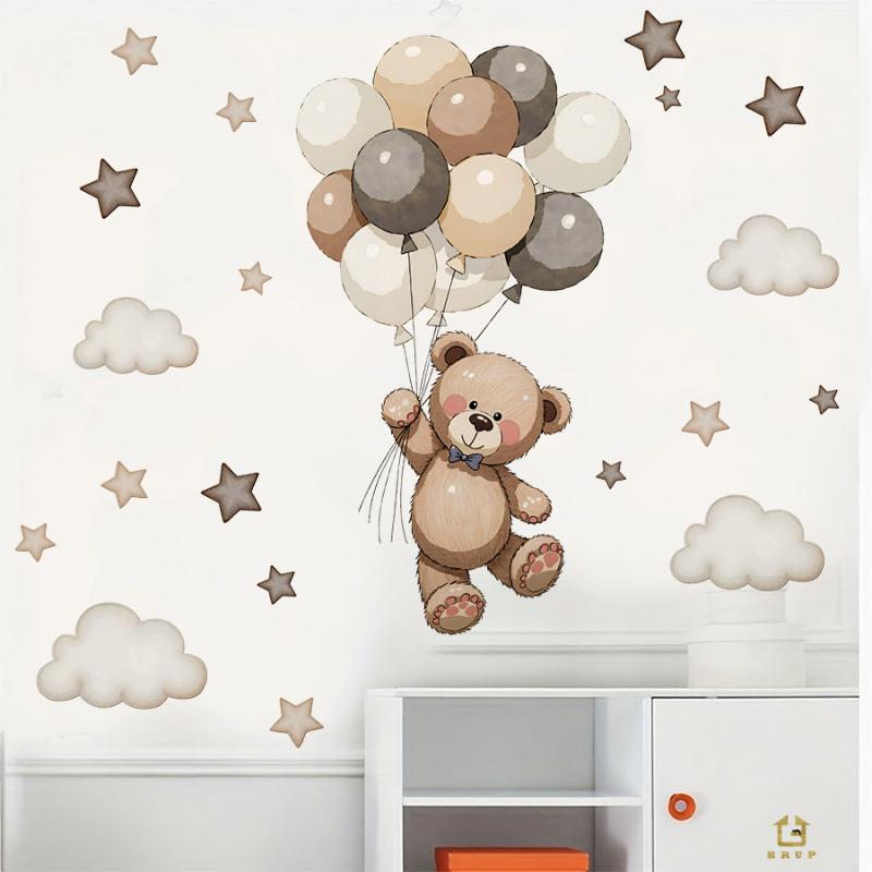 Bear Wall Decals Removable Decor With Balloons Stars & Clouds For Kids Bedroom Baby Nursery