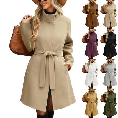 Women's Long Sleeve Belted Overcoat with Stand Collar and Button Closure Classic Fit for Autumn and Winter Outwear