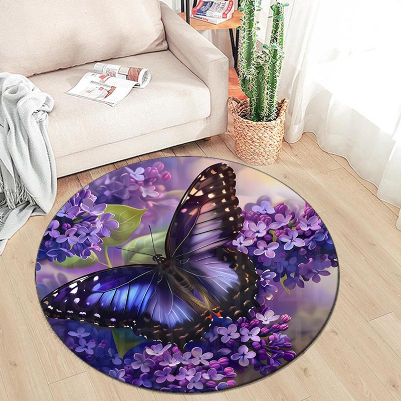 Runder Kristall-Samt-Teppich mit lila Schmetterlingsdruck, runder Stuhl-Teppich für Schlafzimmer, Wohnzimmer, Heimdekoration, rutschfeste Matte für das Bett