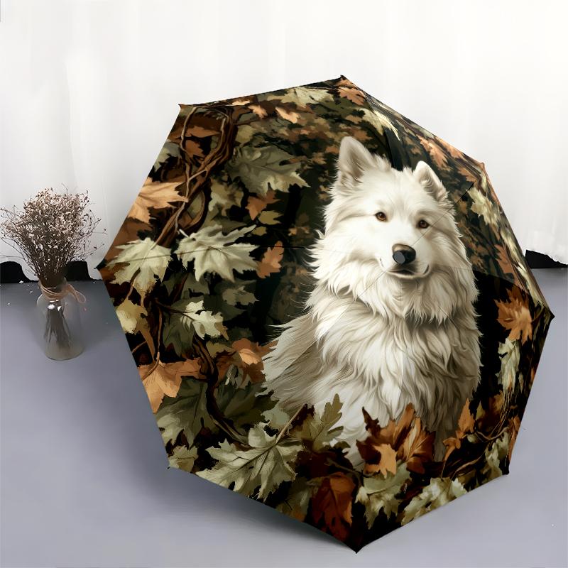 Samoyed and Plant Pattern, Automatic Folding Umbrella, Portable and Foldable Design, 8 Ribs, a Christmas or Birthday Gift.