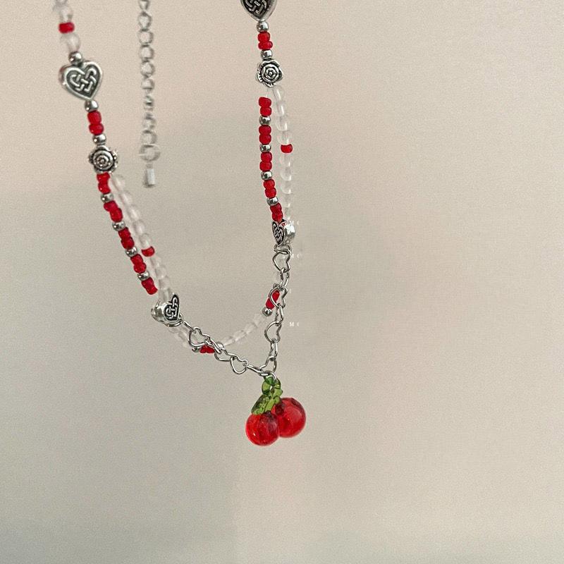 Collana girocollo con perline Ciliegia Rossa Capodanno Natale Perline a forma di Cuore Collane con Ciondolo Ciliegia