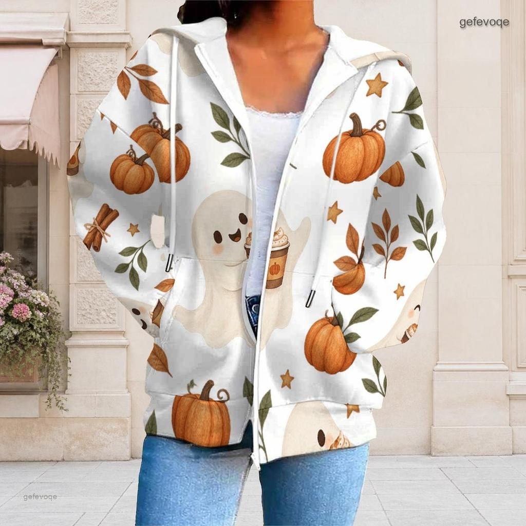 Women Plus Size White Zip Up Long Sleeve Hoodie Drawstring Hood Printed Puppy Pumpkin Fall Leaf Pattern With Pockets