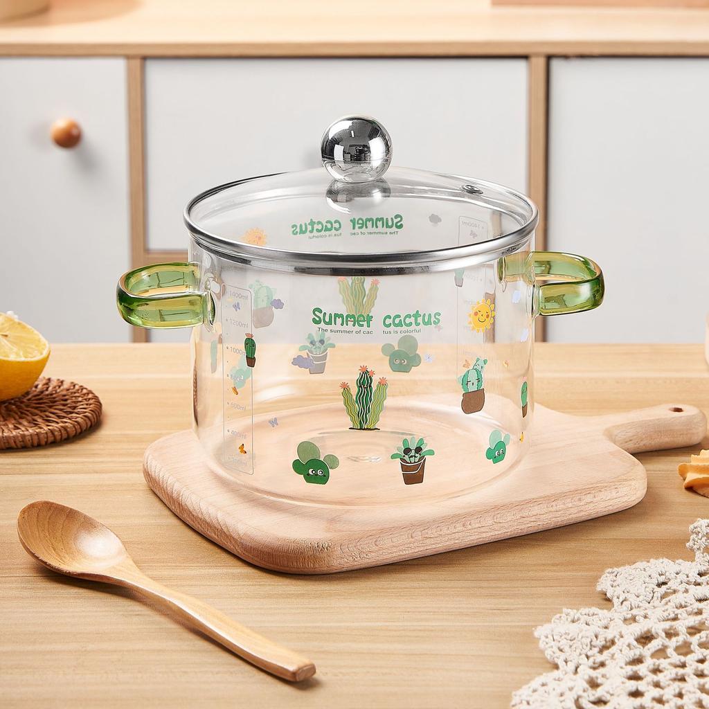 1.6L High Borosilicate Glass Pot, Clear Vertical Striped Cooking Pot, Double Handle Stovetop Pot for Soup Noodle Stew, Microwave & Cooker Safe