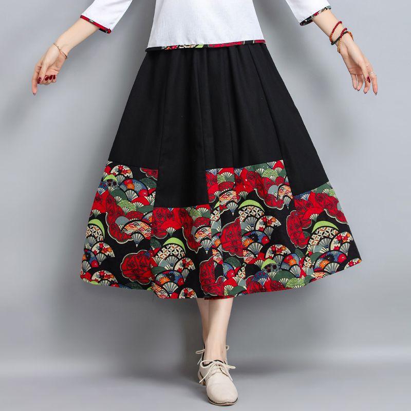 

Юбка Four Seasons, женские юбки в этническом стиле из хлопка и льна, большая распашная юбка средней длины, тонкая в стиле ретро One Size