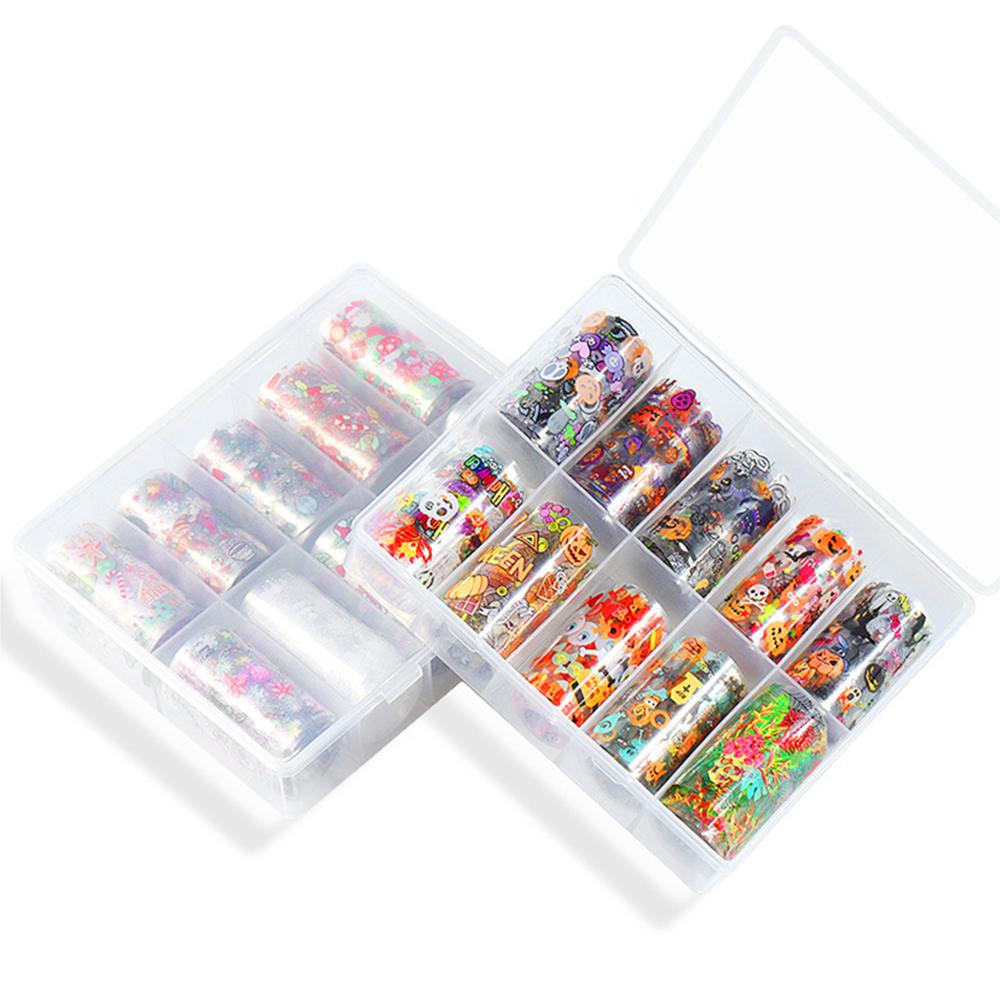 10Pcs/Pack Nail Foil Transfer Sticker Christmas Hallowmas Starry Sky Glitter Fingernail Art Stickers Tips Wraps Foil Transfer Adhesive DIY Nail