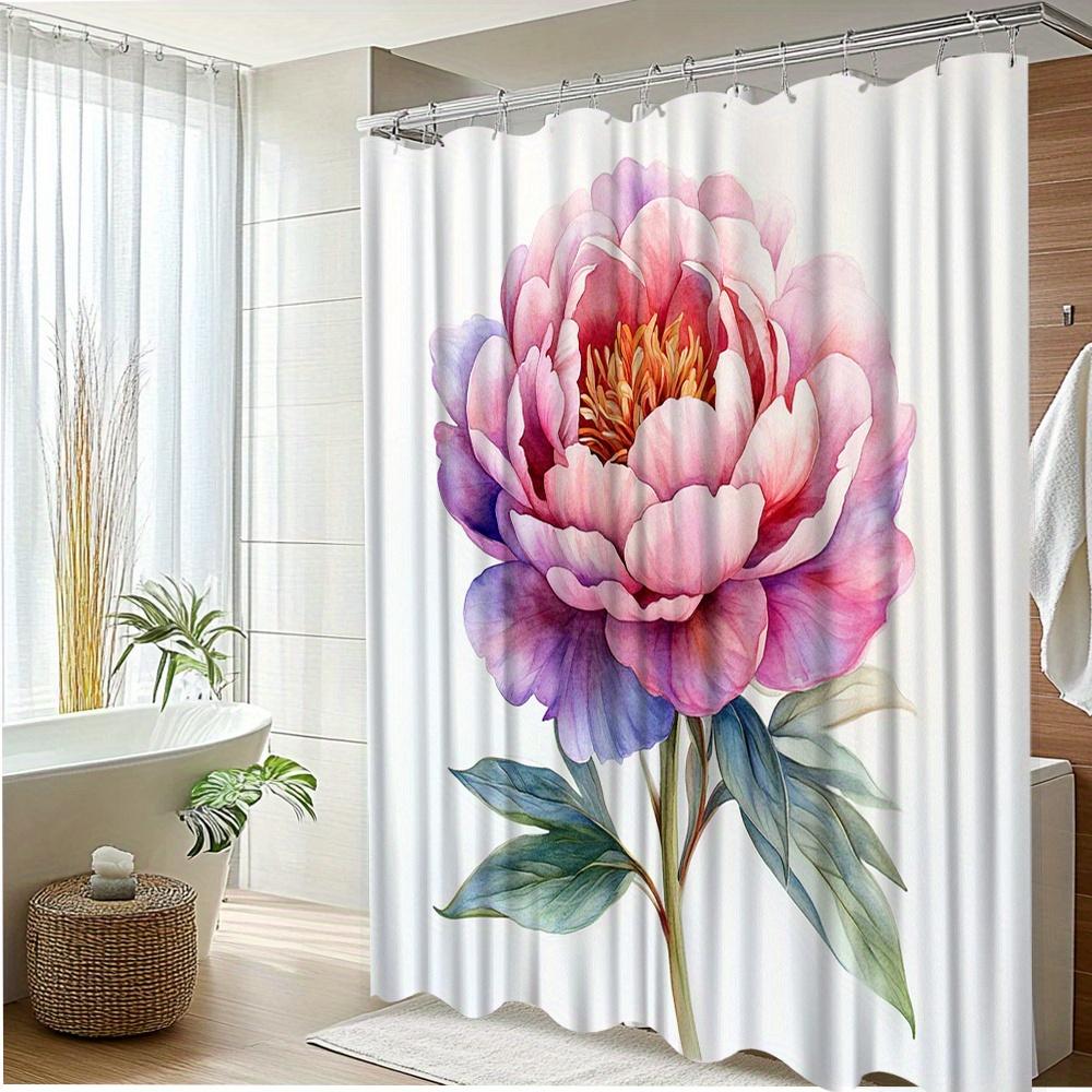 1Pc Elegant Peony Floral Shower Curtain - Vibrant Pink & Purple Design, Polyester Fabric, Includes 12 Hooks, 70. 8X70. 8 Inches,