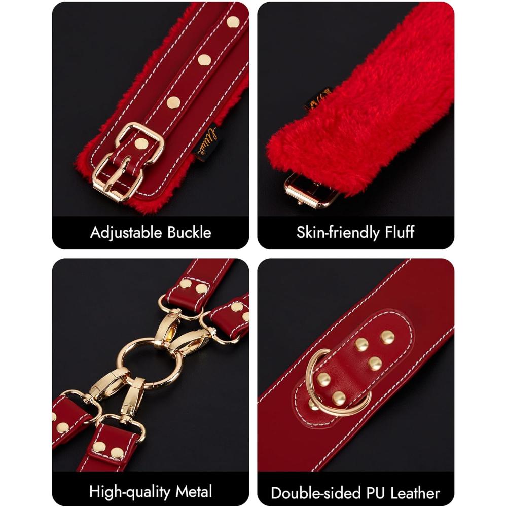 6PCS BDSM Bondage Restraints Kit, Adjustable Handcuffs Ankle Cuffs Thigh Cuffs Blindfold Waist Strap Cross Strap, Soft Comfortable Bondage Set for