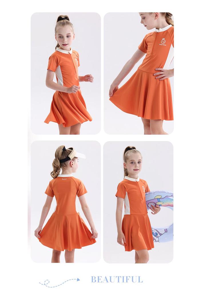 2026 Girls' One-Piece Swimsuit: Sun Protection, Quick-Dry, Short-Sleeve Swimwear for Medium & Large Children