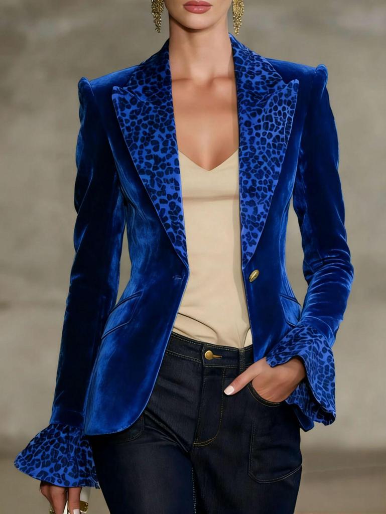 Multi-color Leopard Print Velvet Suit with Bell Sleeves and Faux Pockets - Women's Fashion