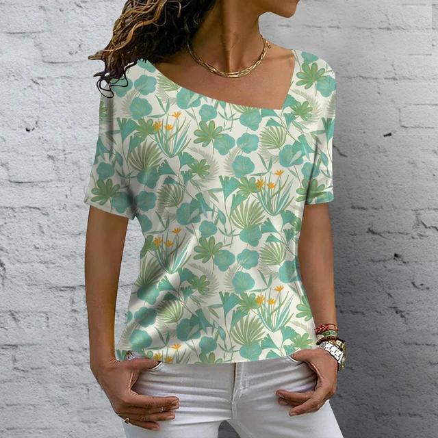 V-neck Fashion T Shirt Summer Flower Printing Short Sleeve Women's Casual Basic T-Shirt Ladies Vintage Elegance Tops
