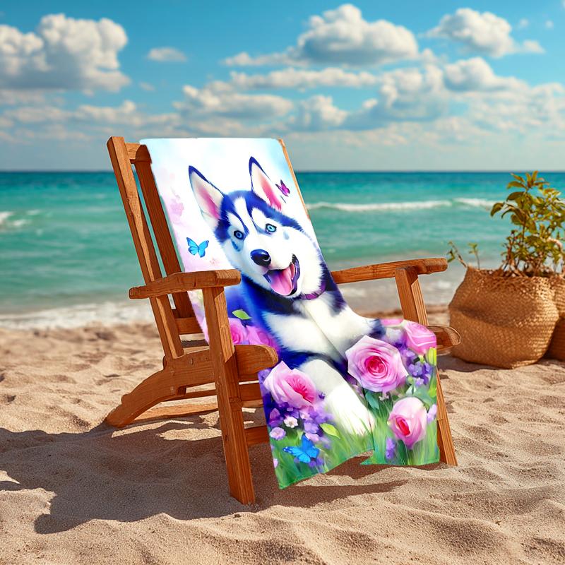 1Pc Blue Husky Flowers Beach Towel Quick Dry Multiuse For Beach Pool Gym Yoga Home Travel Christmas Halloween Xmas Gift G138
