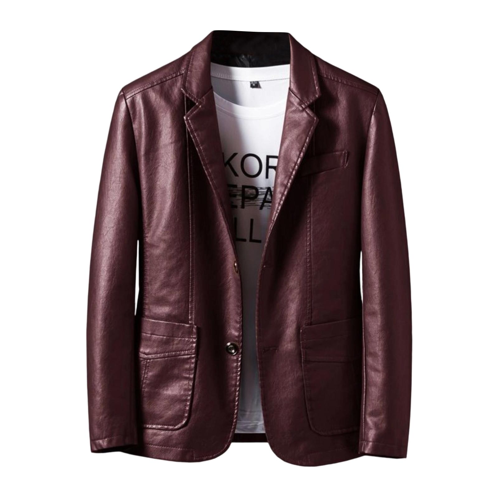 

Мужской кожаный костюм с воротником, повседневная кожаная куртка XL винный
