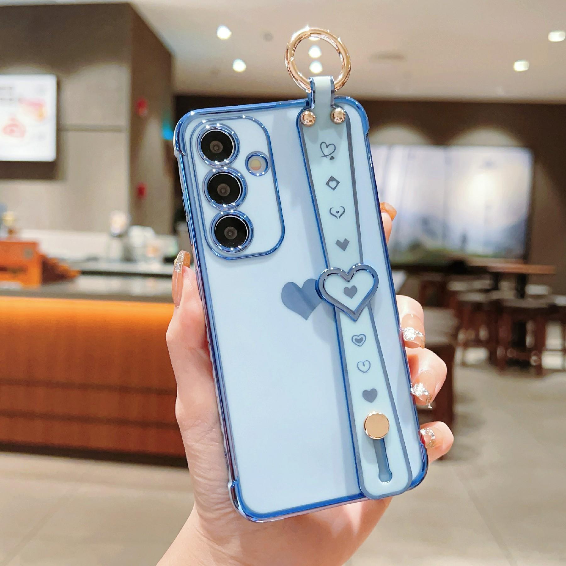 

Чехол для Samsung Galaxy S25+ с ремешком на запястье и подставкой, с любовным сердечком, из ТПУ, держатель для пальца Blue