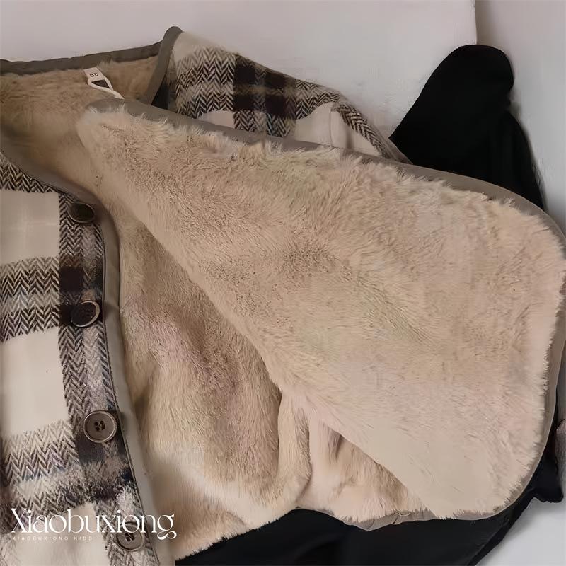 Kids Plaid Fleece Lined Wool Blend Coat Warm Casual Winter Outerwear