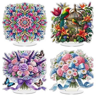 Flower DIY 2D Flat Acrylic Diamond Art Decorations Round Drill Gem Painting Ornament for Living Room Home Office Decoration