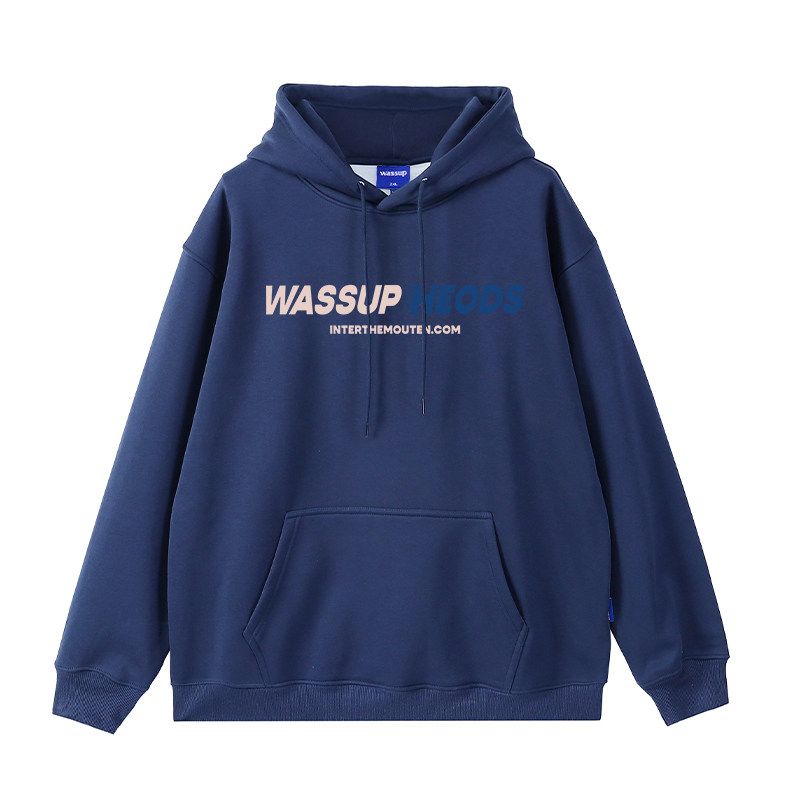 

Wassup Trendy Brand Functional Letter Heavyweight Hooded Sweatshirt for Men, New Autumn and Winter Loose American Style Fleece-Lined Top Jacket Navy Blue (Heavyweight Essential) M