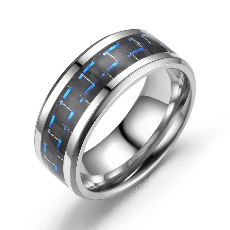 8MM Stainless Steel Black Carbon Fiber Ring Fashion Red/Blue Unisex Cool Charm  Gift for Men Women