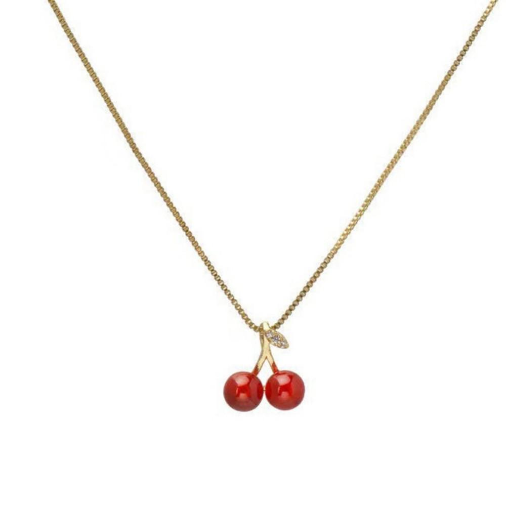 Sweet Red Cherry Jewelry Set Shiny Gold Chain Necklace Dangle Stud Earrings Zircon Women Trendy Fashion Gift