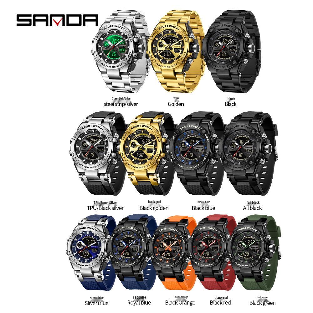 Sanda Dual-Display Leuchtende Wasserdichte Schüleruhr mit 3 Zeitzonen.