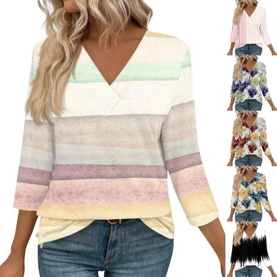 חולצות שרוול 3/4 לנשים, חולצות עם הדפס צווארון וי, חולצות קז'ואל, טי שירטים בסיסיים, חולצה, חולצות רפויות