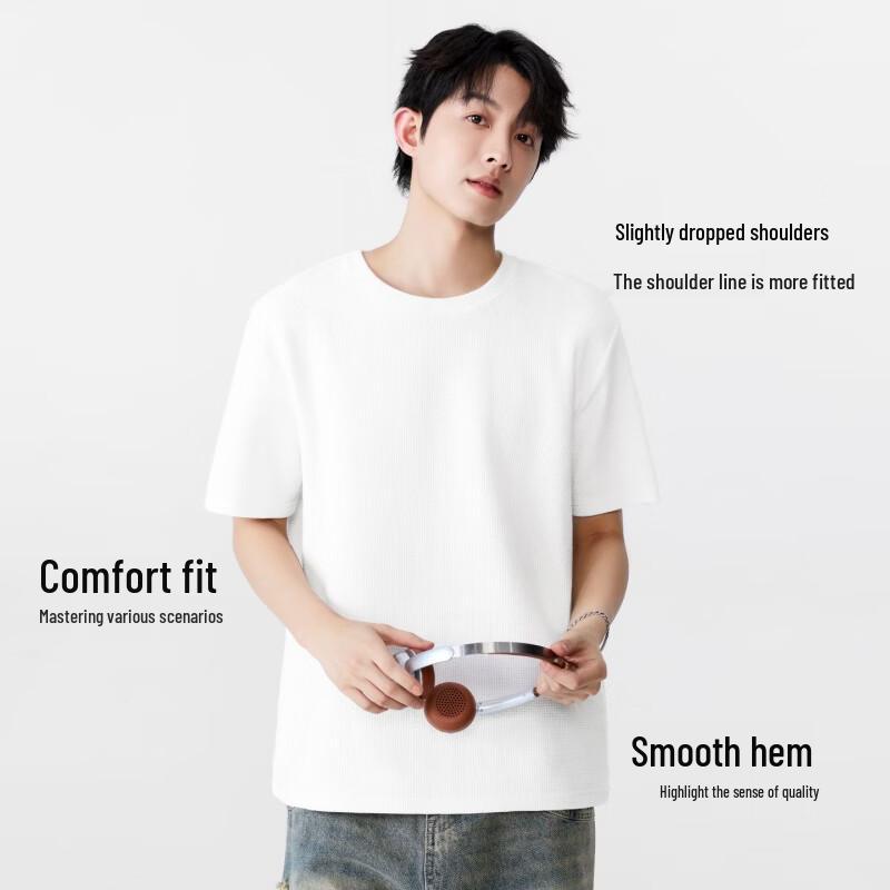 MINISO Men's 220G Waffle Knit Loose Fit Round Neck Short Sleeve T-Shirt