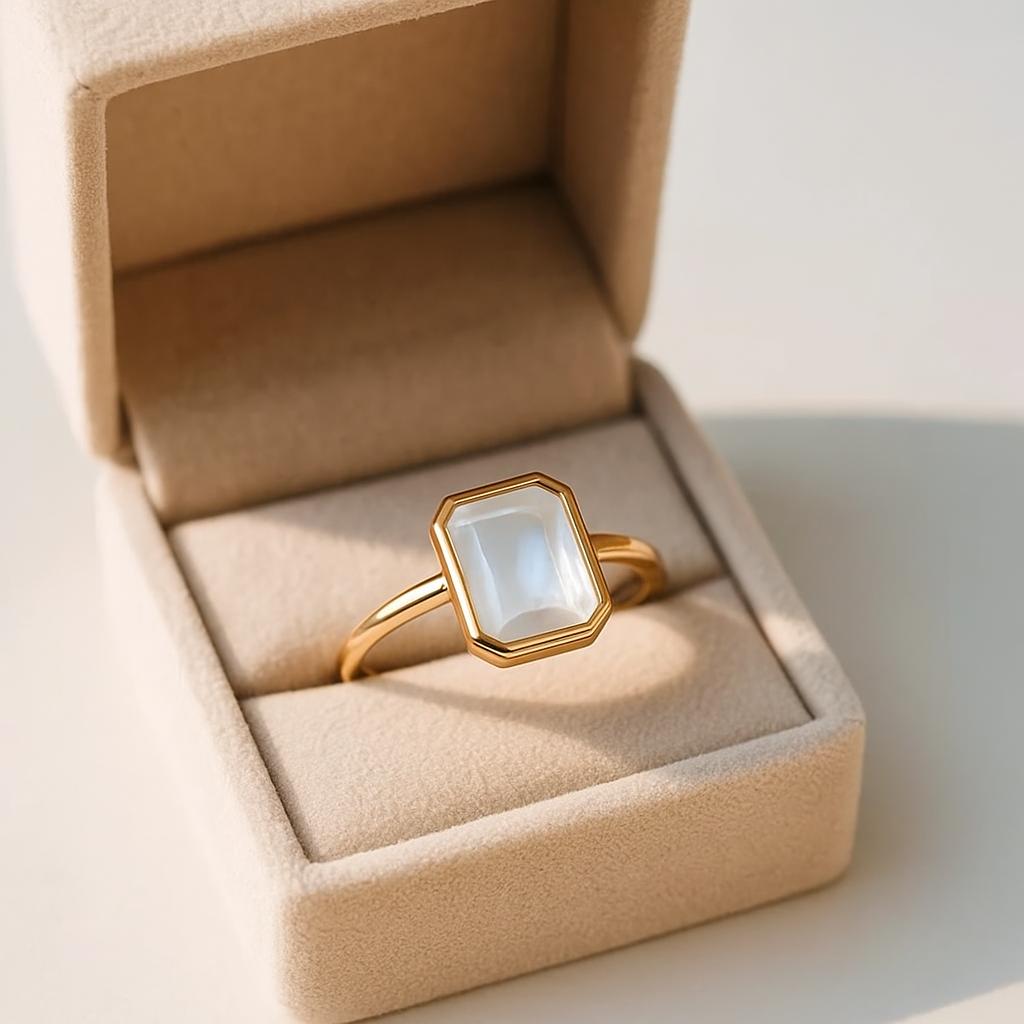 White Moonstone Emerald Cut Gold Plated Ring for Women – Elegant Minimal Jewelry