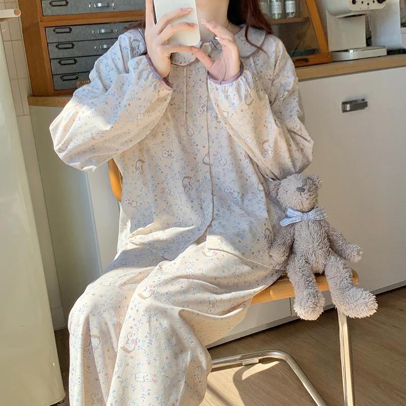 

Spring and Autumn New Doll Collar Cardigan Long-Sleeved Pajamas Homewear Set for Girls Students Cartoon Pajamas Homewear M синий