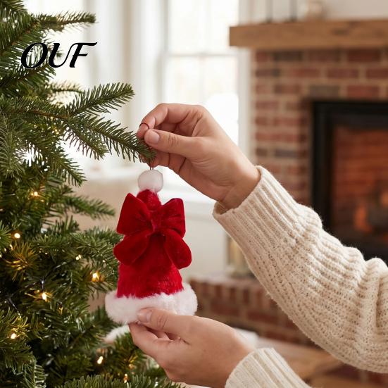Christmas Tree Branch Pendants Plush Santa Hat Ornament with Bow Decor, Xmas Hanging Pendant Fabric Gift Box Toppers Lanyard for Holiday Decoration,