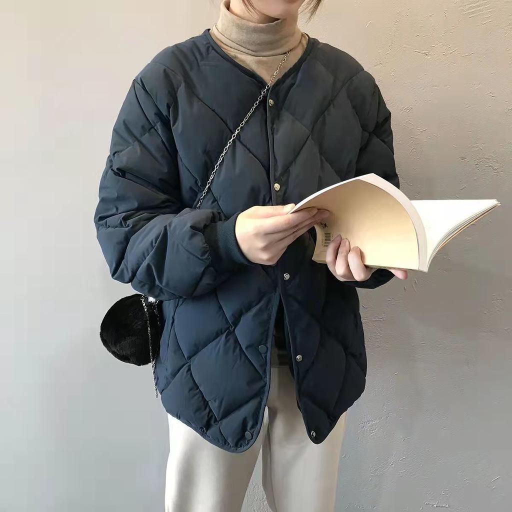 2025 Winter Women's Short Quilted Puffer Jacket, Diamond Pattern Collarless Down Cotton Coat