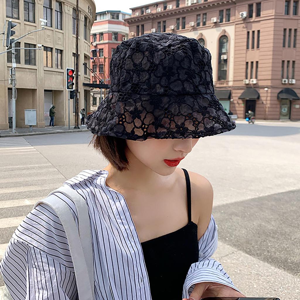 Sweet Lace Floral Bucket Hat for Women Summer Hollow Thin Wide Brim Sun Visors Foldable Basin Cap Female Outdoor Panama Hat