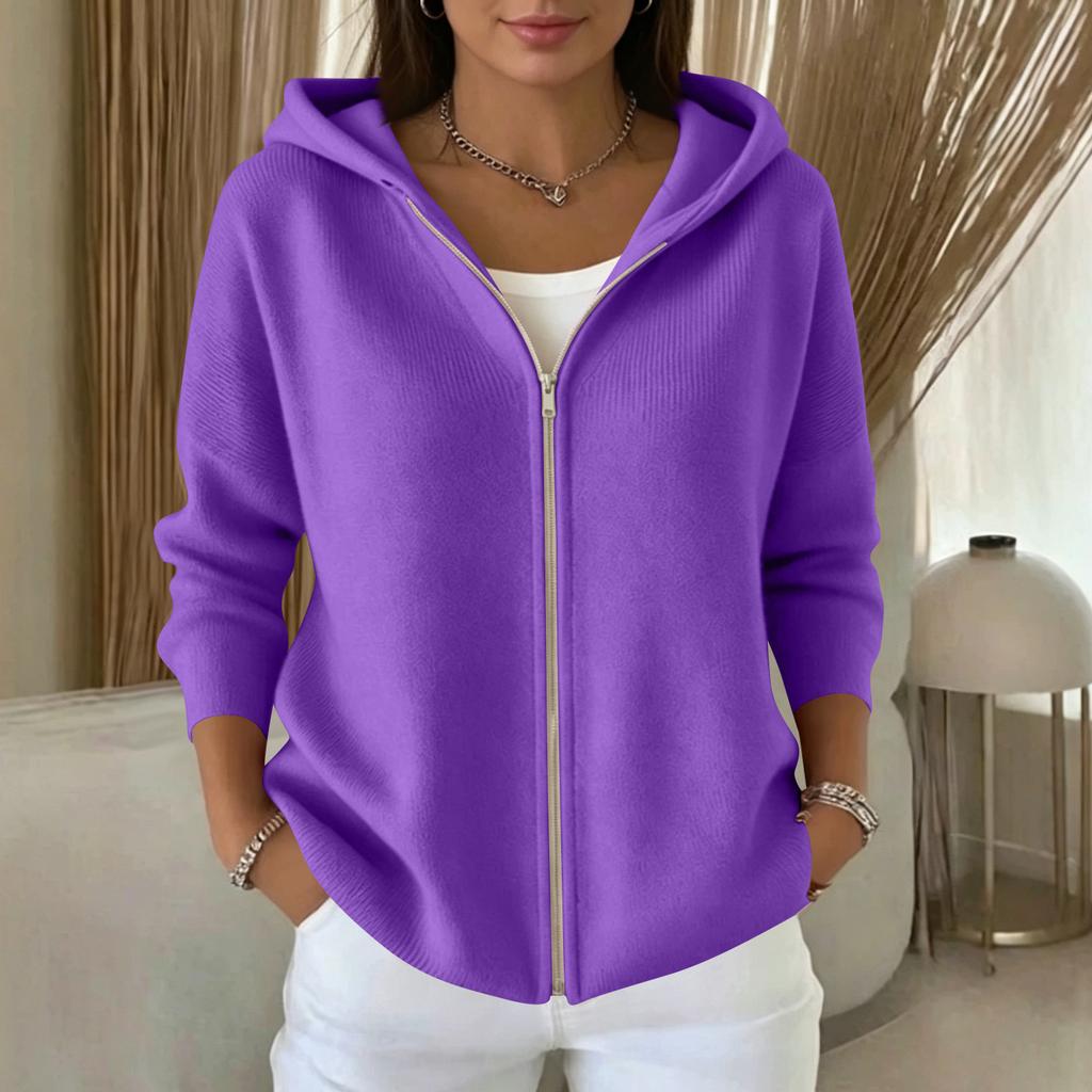 Women's Color Long Sleeve Hooded Zip Up Cardigan Sweater for Casual Daily Wear
