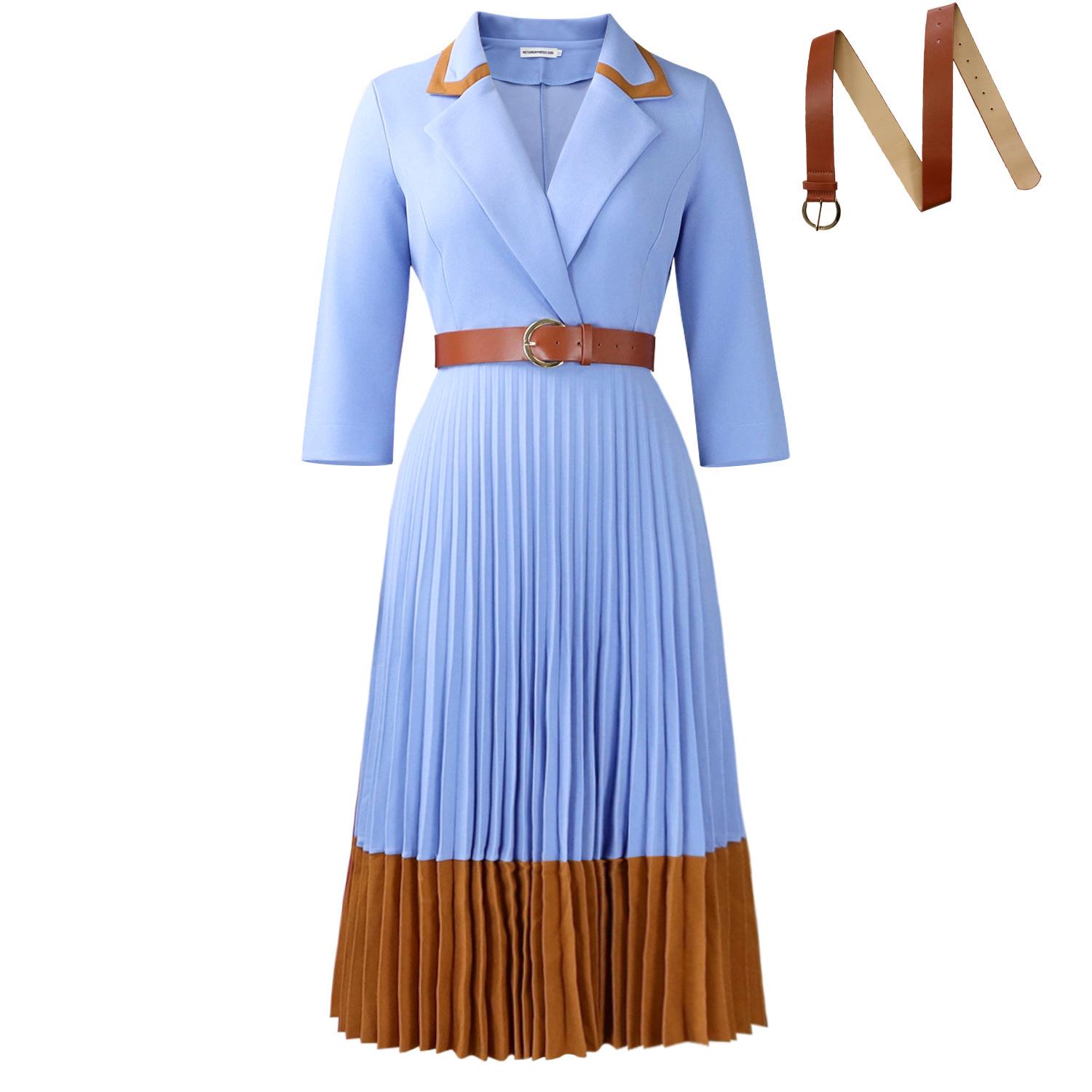

Elegant Plus Size Women s Winter Lapel Patchwork Pleated Dress - European & American Style L