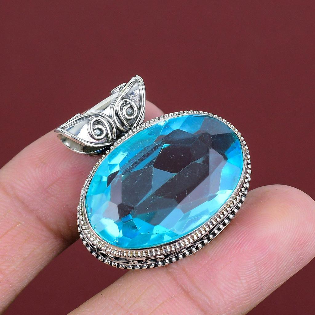 Faceted Swiss Blue Topaz Pendant Gemstone Pendant Antique Jewelry 925 Sterling Silver Pendant Vintage Pendant Handmade Jewelry Gifts For Her