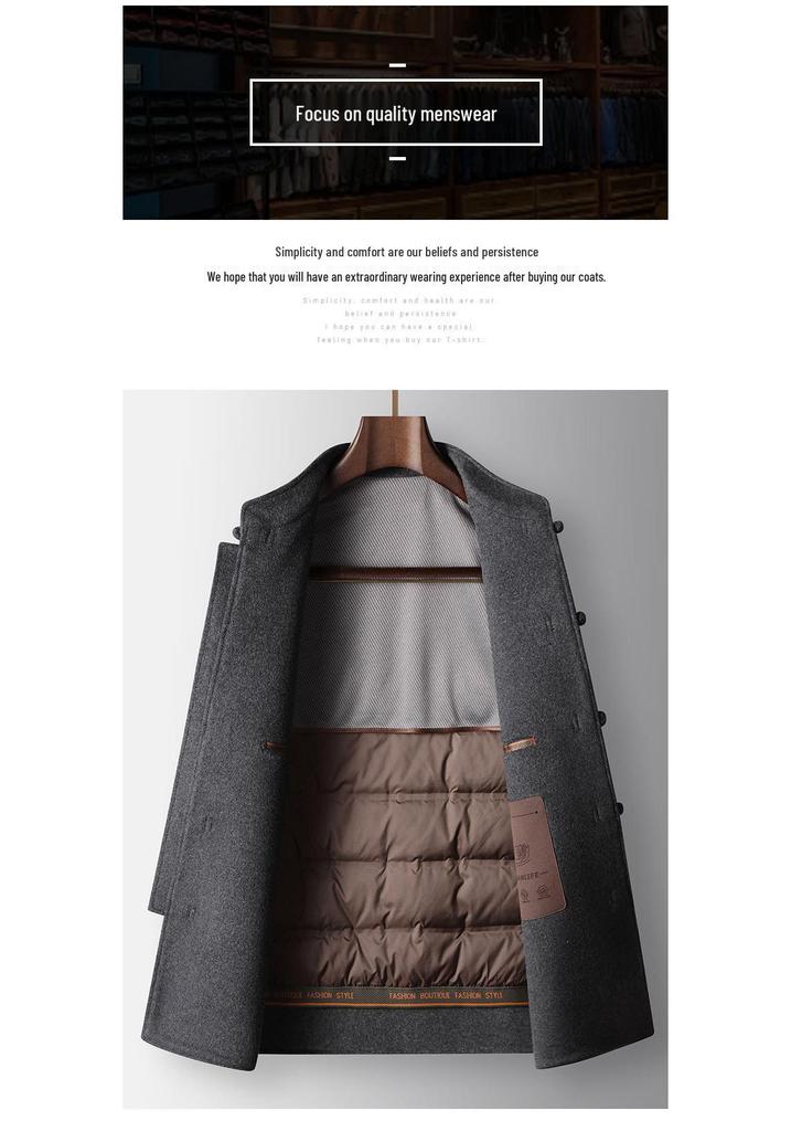 Men's Trendy Chinese Style Stand Collar Wool Coat with Detachable Down Liner, Frog Buttons, Double-Sided Fabric – Perfect for Autumn and Winter.