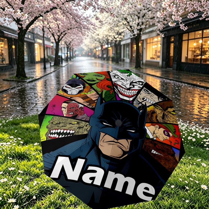 Custom Name Personalized Batman Print Umbrella, Auto Open Close, 8‑Rib Sturdy Frame, Commute Camping Hiking Use, Birthday Gift
