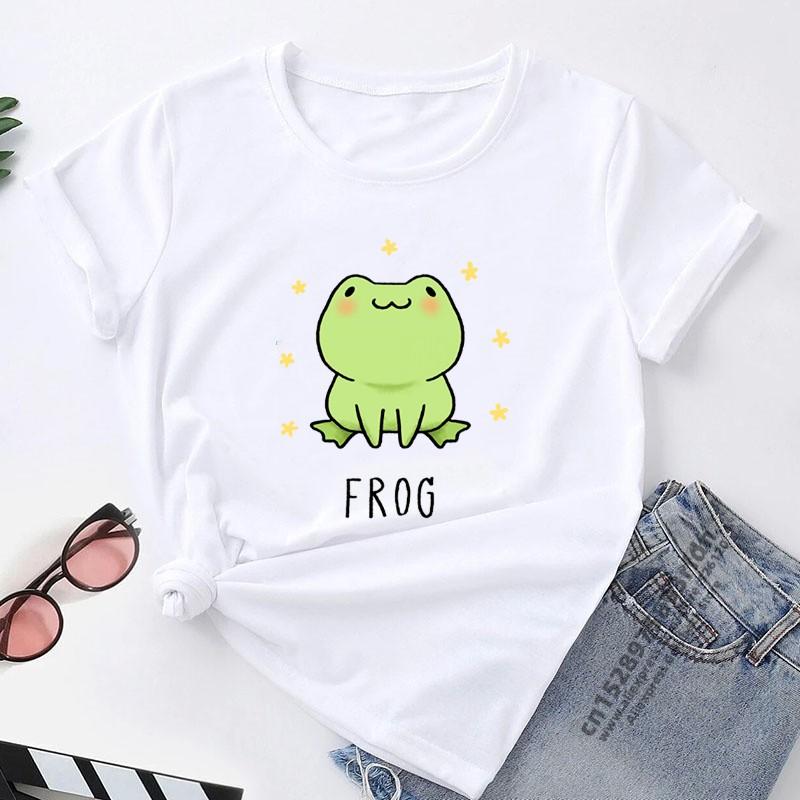 Cartoon Frosch Print T-Shirts Damen Sommer Kurzarm Locker Anime T-Shirt Weiblich Harajuku O-Ausschnitt Streetwear Kawaii Anime T-Shirt