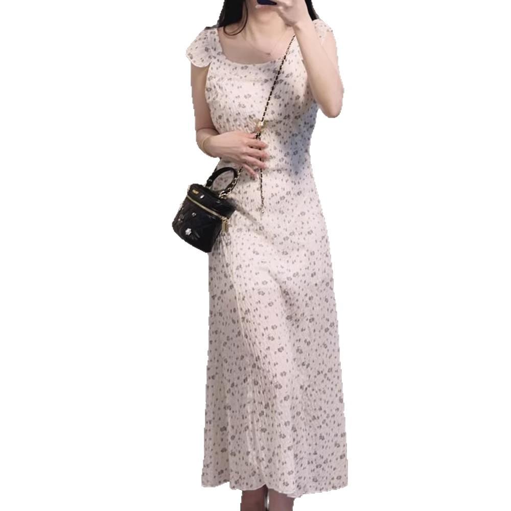 French Vintage Floral Small Fly-sleeve Dress for Women, New Summer Niche Waist-cinching Slimming Sweet Long Skirt
