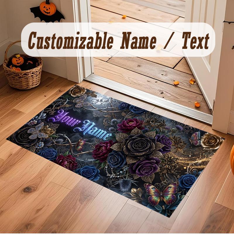 Floral Garden Theme Soft Crystal Velvet Rug Custom Name & Text Print Non Slip Floor Rug for Bedroom Living Room