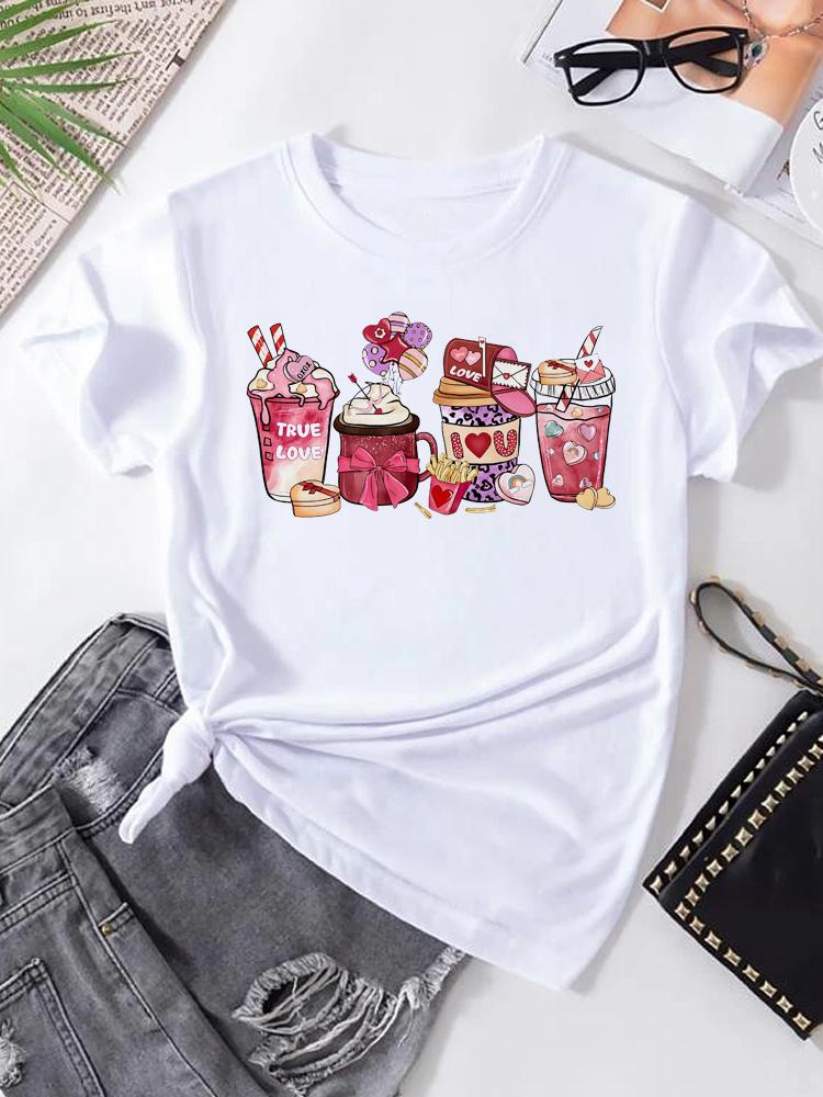 Women's T-shirt Korean Fashion Graphic Cup Print Women's Clothing T-shirts for Valentine's for Lovers Aesthetic Clothes Casual