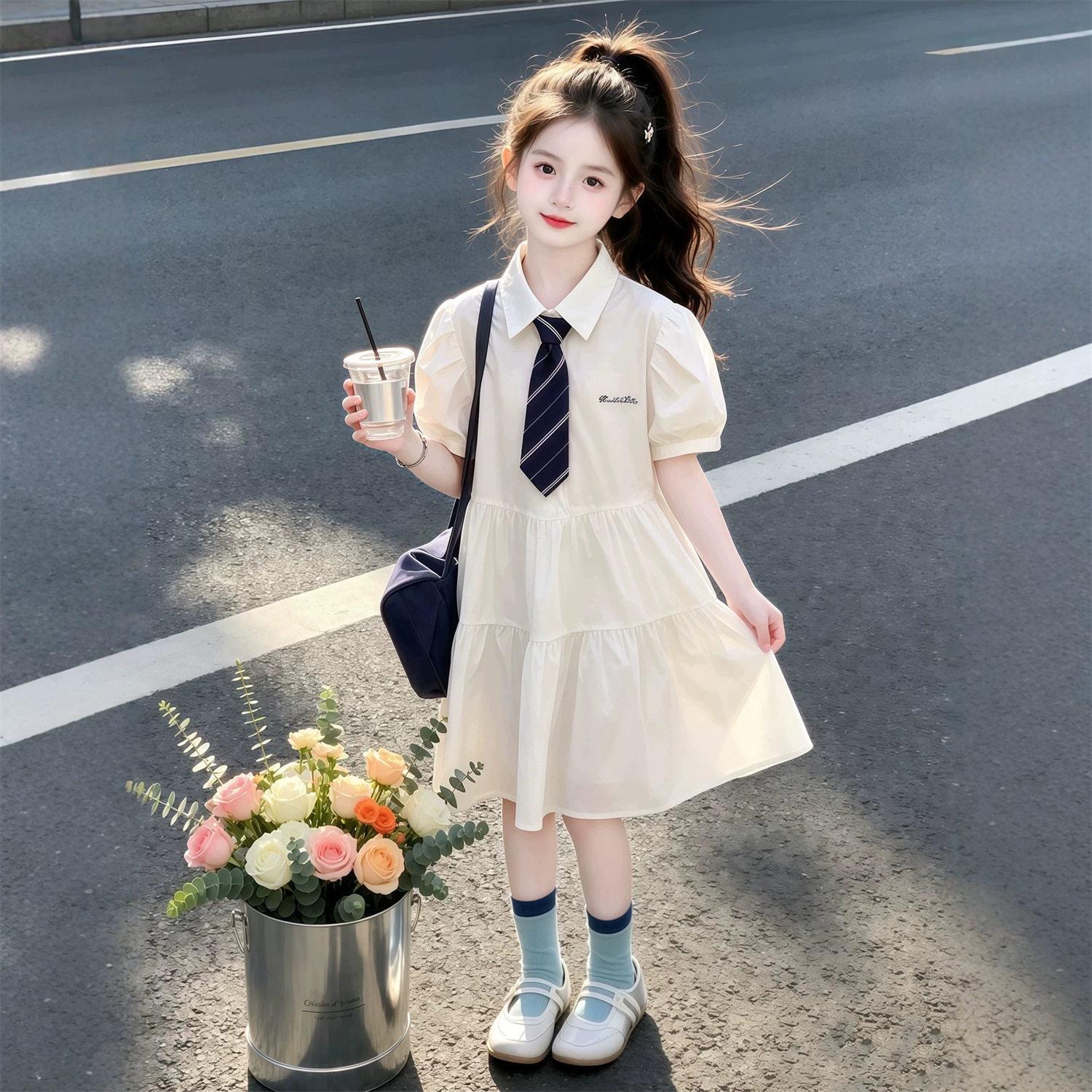 Summer JK Style Puff Sleeve Dress for Girls - Academy Layered Skirt Princess Outfit 170cm