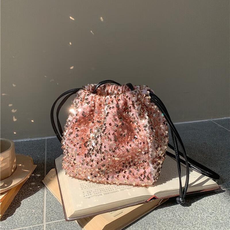 Tuoluman Women's Pleated Sequin Drawstring Bucket Bag
