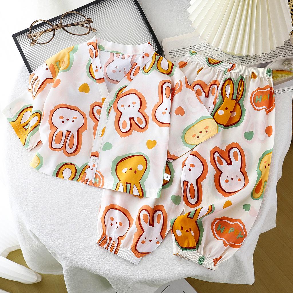 Children's Home Clothes Cotton Silk Set Summer Men's and Women's Pajamas Artificial Cotton Two Piece Set Cotton Silk Air Conditioning Clothes